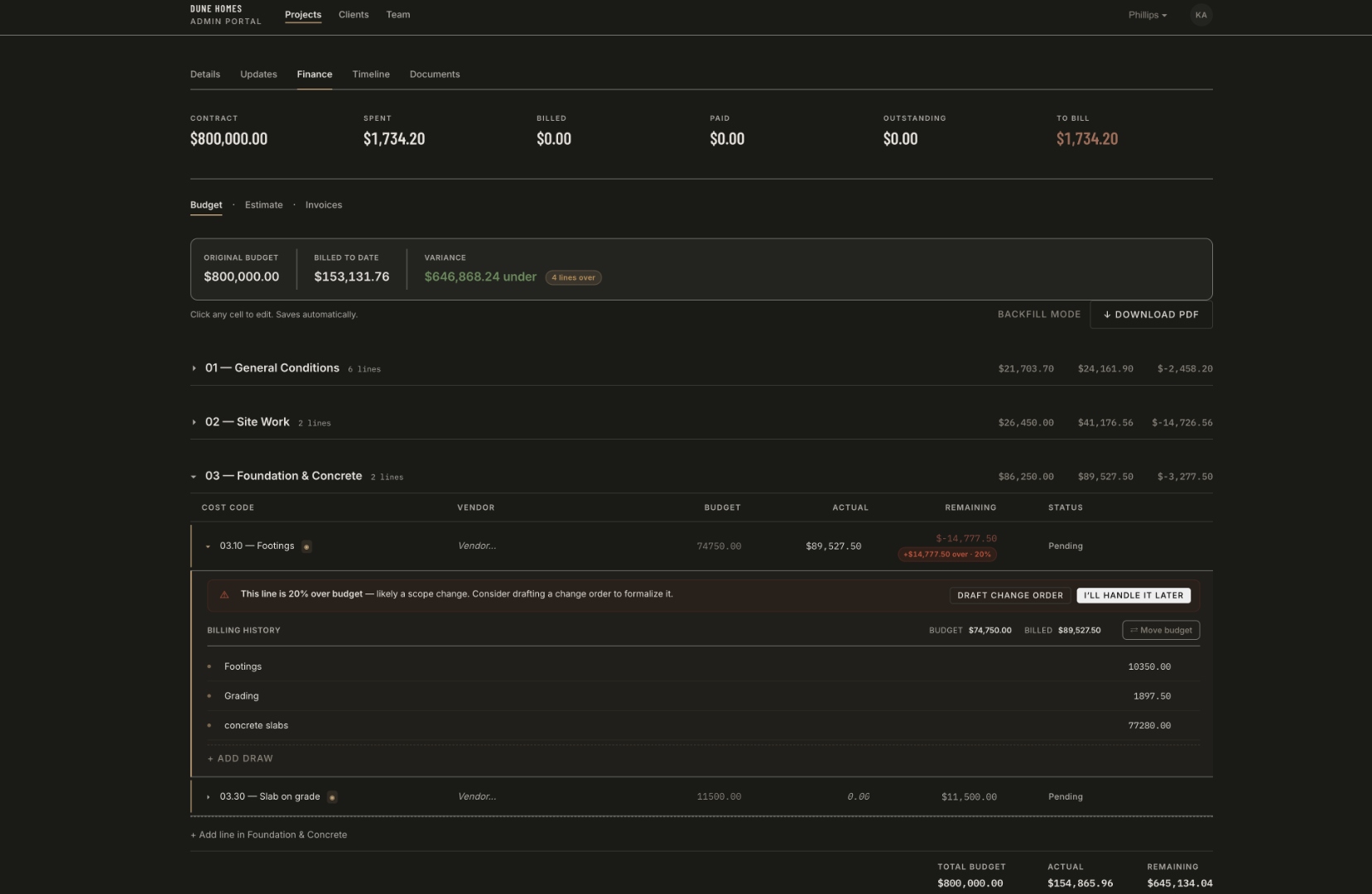 Job finance — contract, spent, billed, paid, and bank draws by cost code