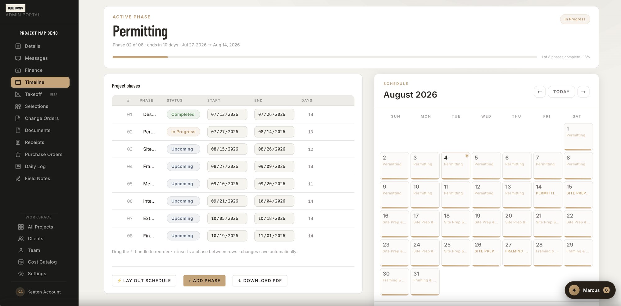 Project timeline — phase list with statuses and a calendar that fills itself