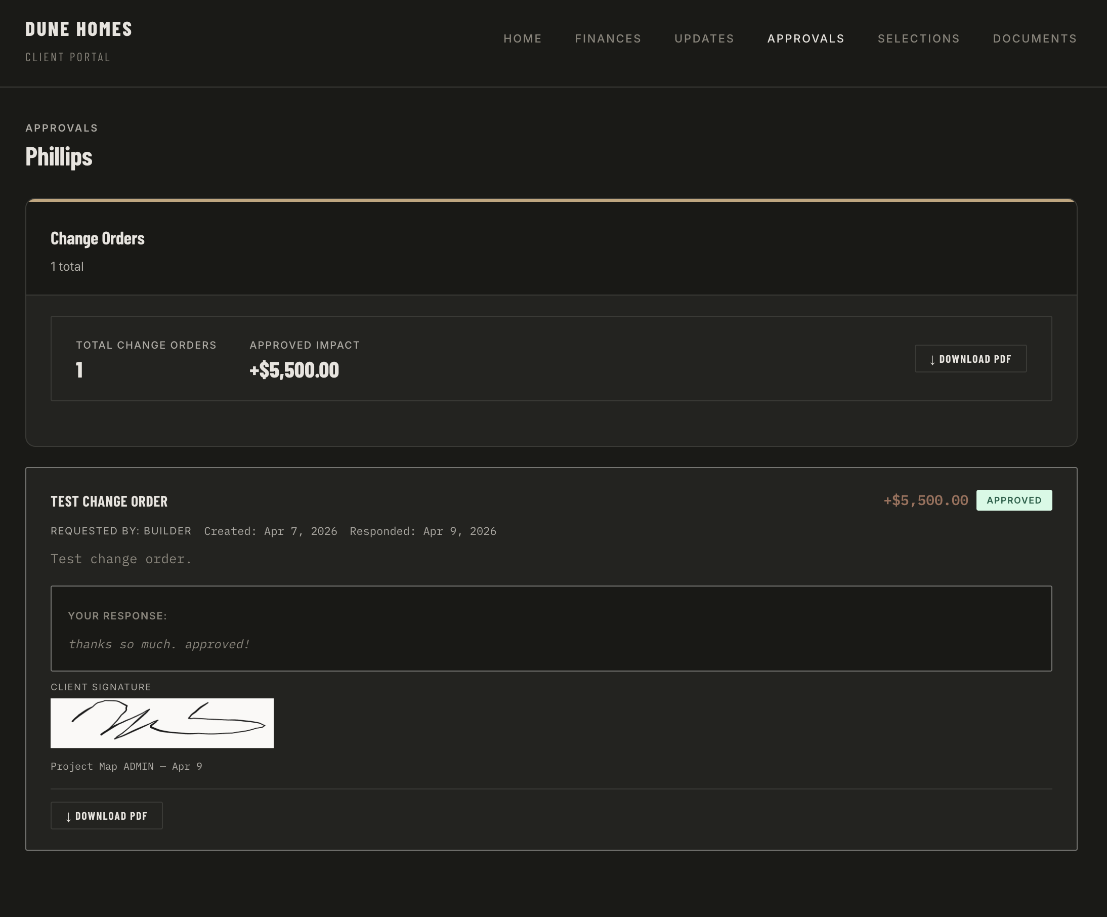 Client approval of a signed change order
