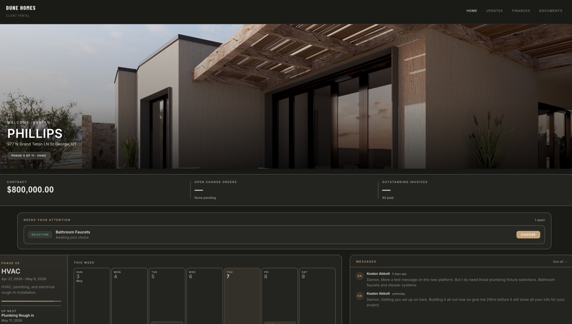 Branded client home with hero photo, phase, and budget