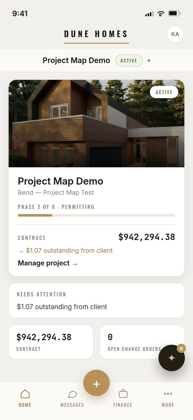 The branded Dune Homes app on an iPhone — active project card, phase progress, and what needs attention