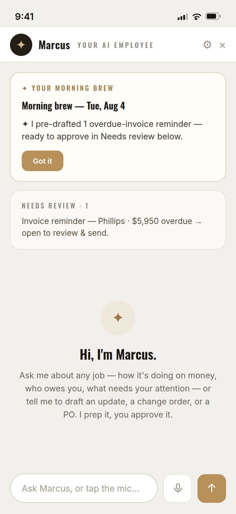 Marcus on a phone — the morning brief, a pre-drafted invoice reminder, and drafts waiting for approval